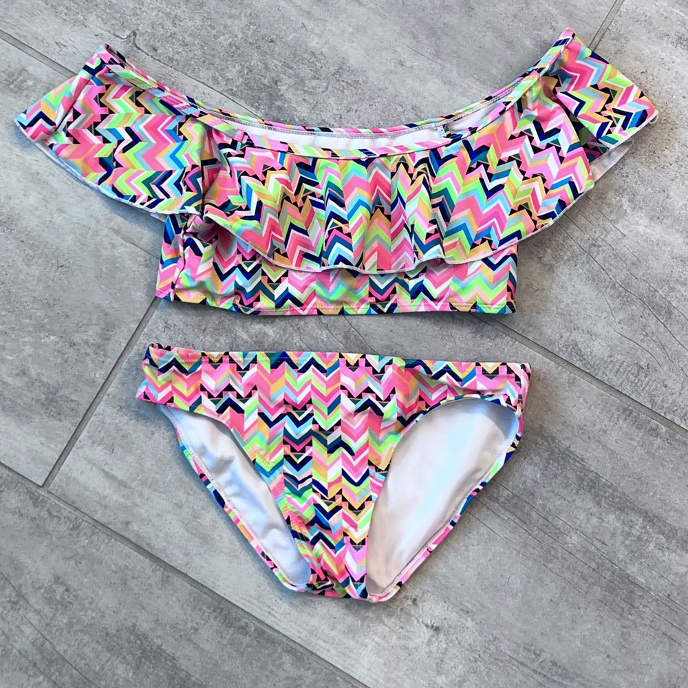 Girls Dolphin Love Swimsuit Size 14 Two Piece Off Shoulder‎ Ruffle Chevron